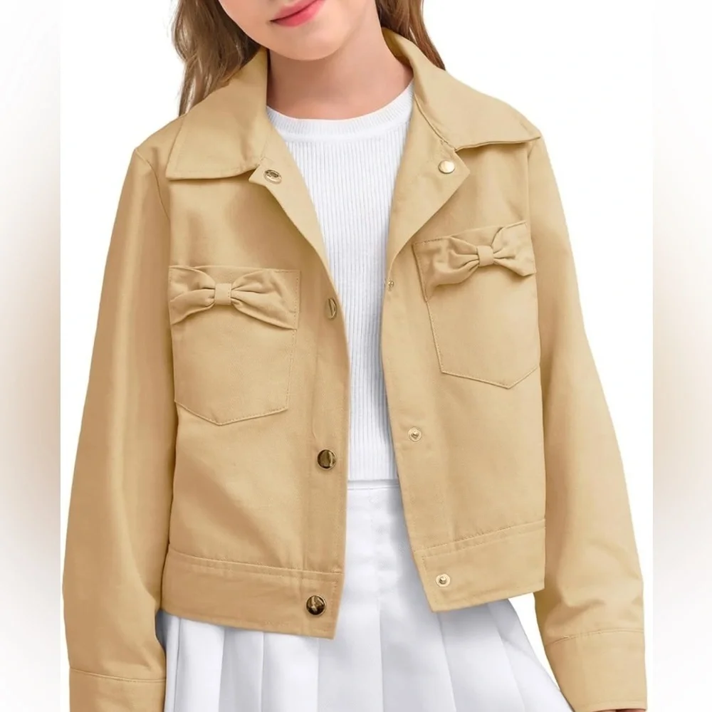 Girls Button Down Crop Jackets Kids Lapel Outerwear Clothes with Chest Pockets